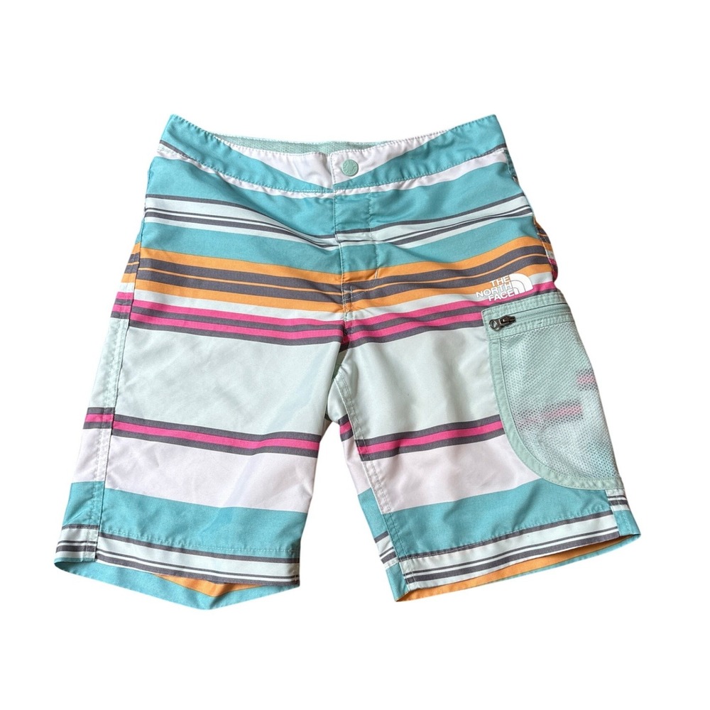 The North Face Board Shorts Boys Teal Striped Swim Trunks SIZE M 10/12